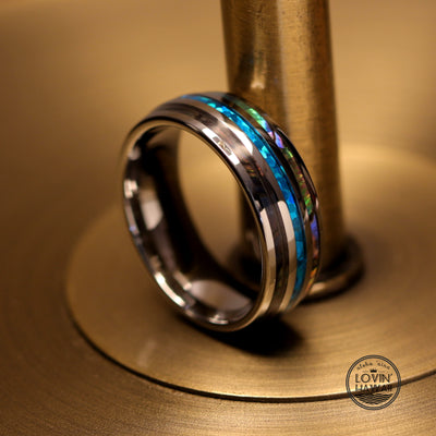 8mm width tungsten ring with opal and abalone shell inlaid