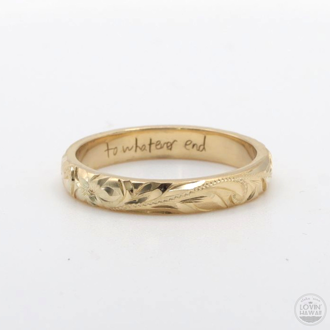 Gold Hawaiian Wedding Rings, Hand Engraved Design, (3mm Width, Dome Style)