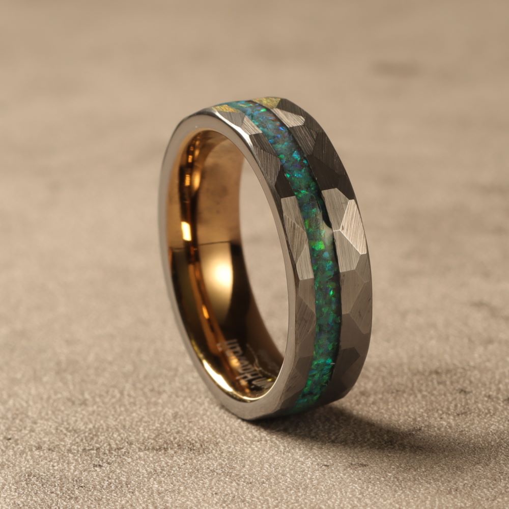 Opal Inlay Green Tungsten Mens Wedding Bands Hammered Wedding Band