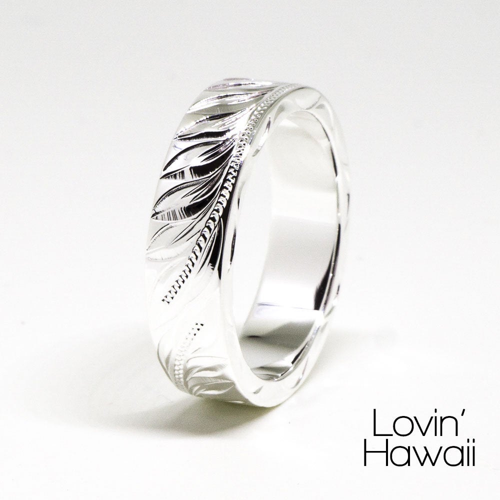 Sterling Silver Mens Hawaiian Ring, Hand Engraved with Hawaiian Heritage Design, (6mm, Flat Style)