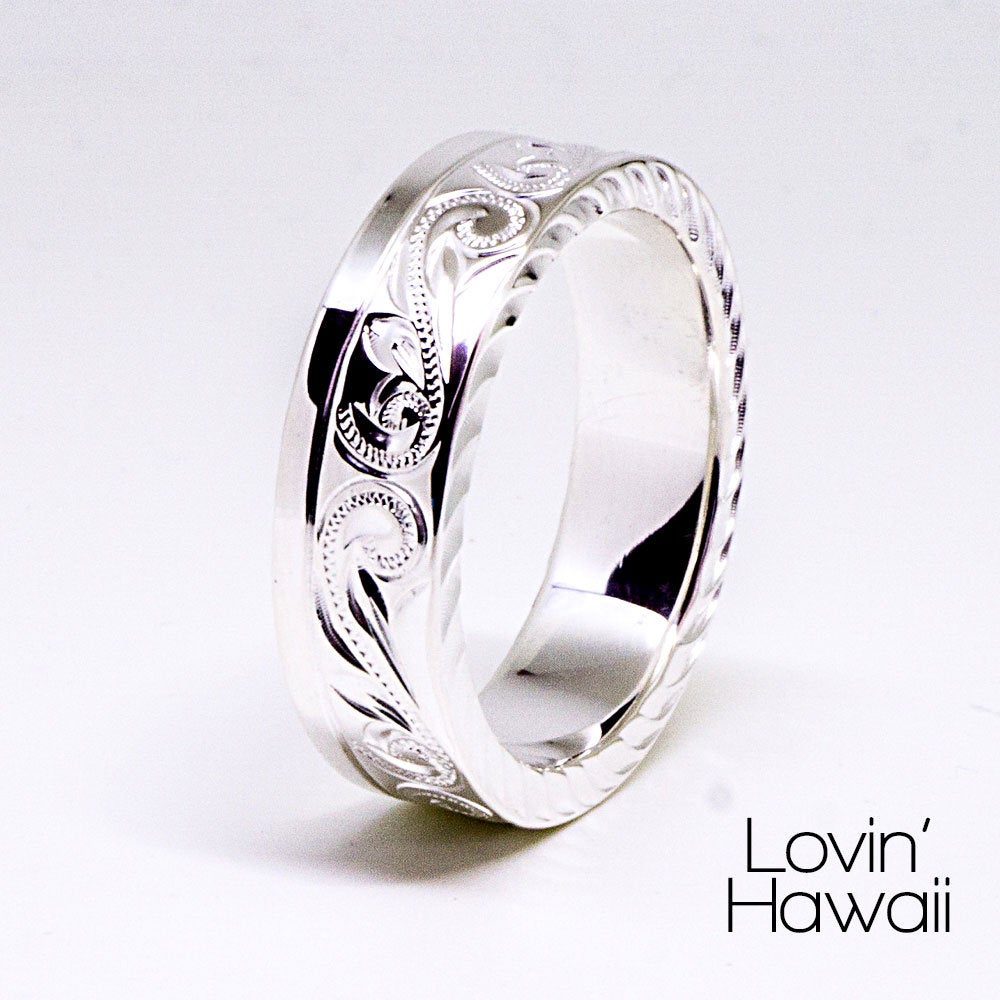 Mens Wedding Band Hawaiian Ring, Engraved with Hawaiian Scroll and Maile leaves, (8mm, Flat Style)