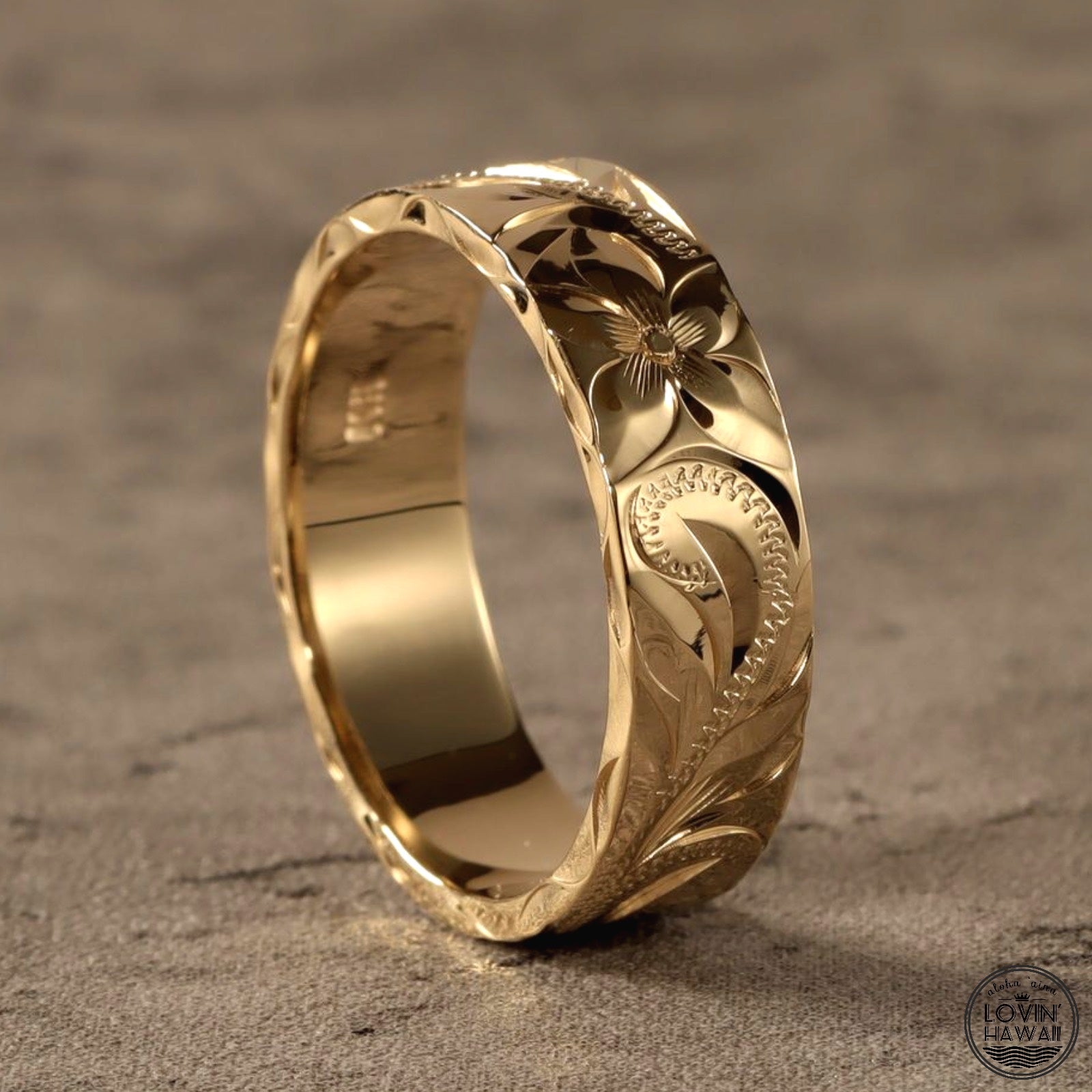 Hawaii Wedding Bands in Solid 14K Gold, Hand Engraved Design (6mm Width, Flat Style)