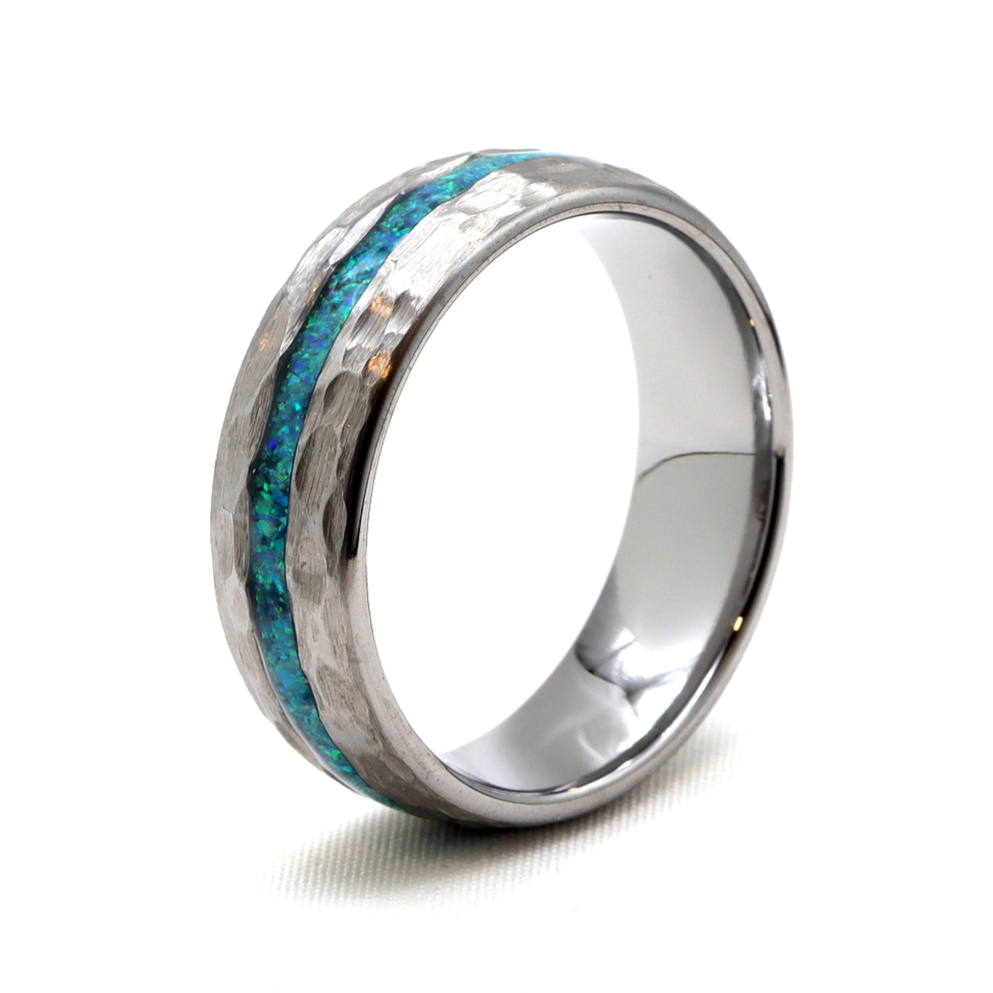 Hammered Wedding Band for men with green opal