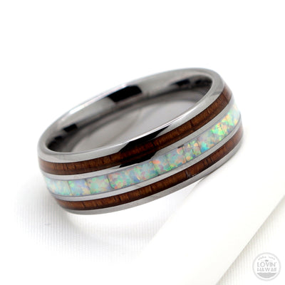 Koa wood and light blue opal rings