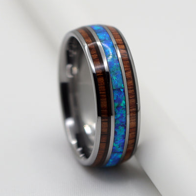 Tungsten ring with blue opal