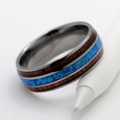 8mm ring with blue opal and koa wood inlay