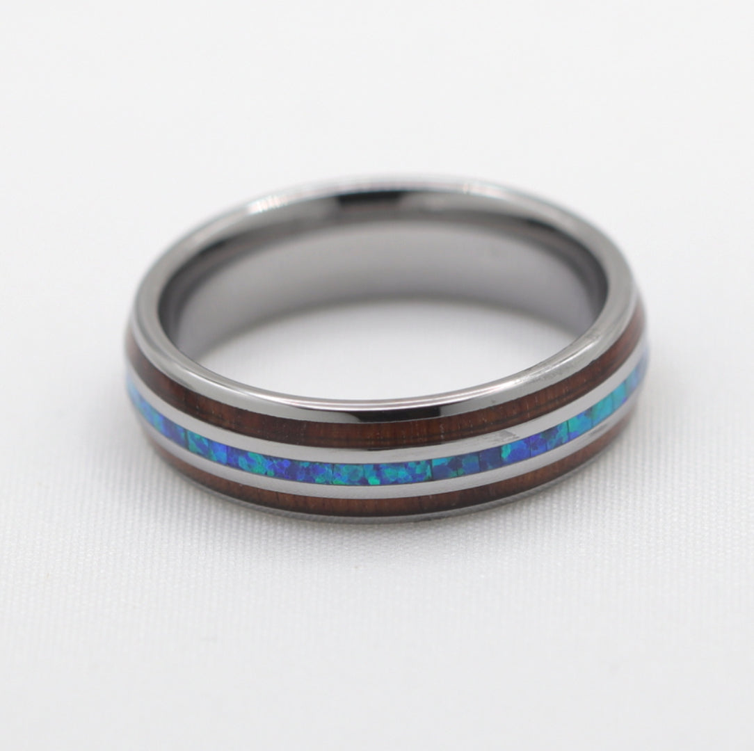 6mm ring with blue opal and koa wood inlay