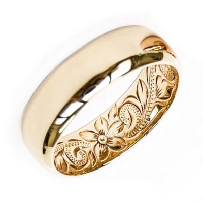 Diamond And Gold Ring with Hand Engraved Plumeria & Maile Leaf ( 12mm Dome Shape)