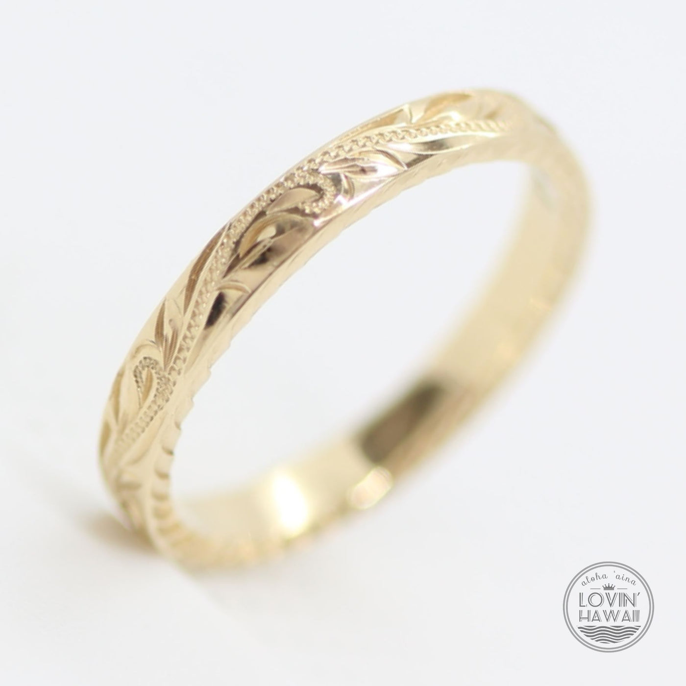 14K Gold Hawaiin Rings, Hand Engraved with Hawaiian Heritage Design (2.5mm Flat Style)