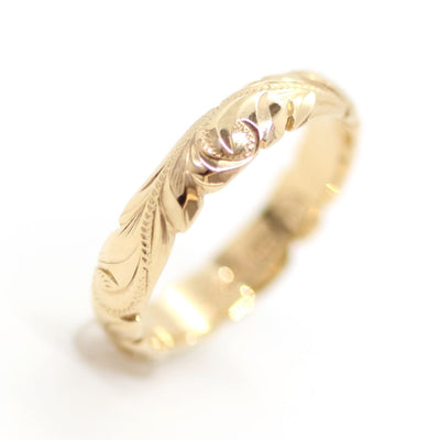 Gold Hawaii Wedding Rings, Hand Engraved Design (3mm Width, Barrel Type)