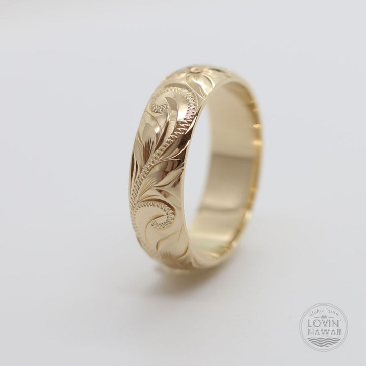 14K Gold Hawaii Wedding Band, Hand Engraved with Hawaiian Heritage Design,  (6mm width, Dome Style)