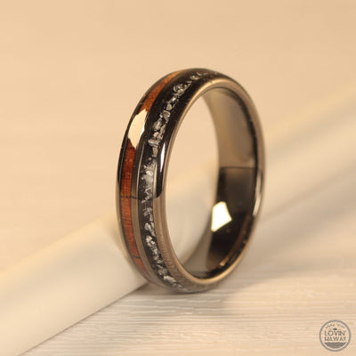 METEORITE RING with wood inlay