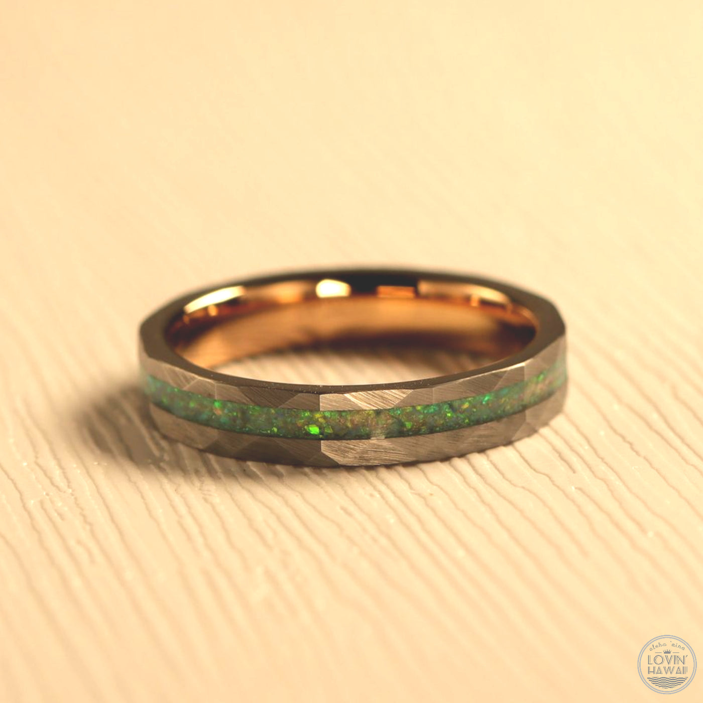 hammered wedding band with green opal