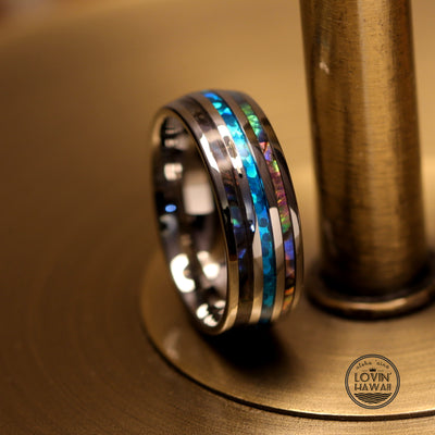 8mm tungsten ring with opal and abalone shell inlay