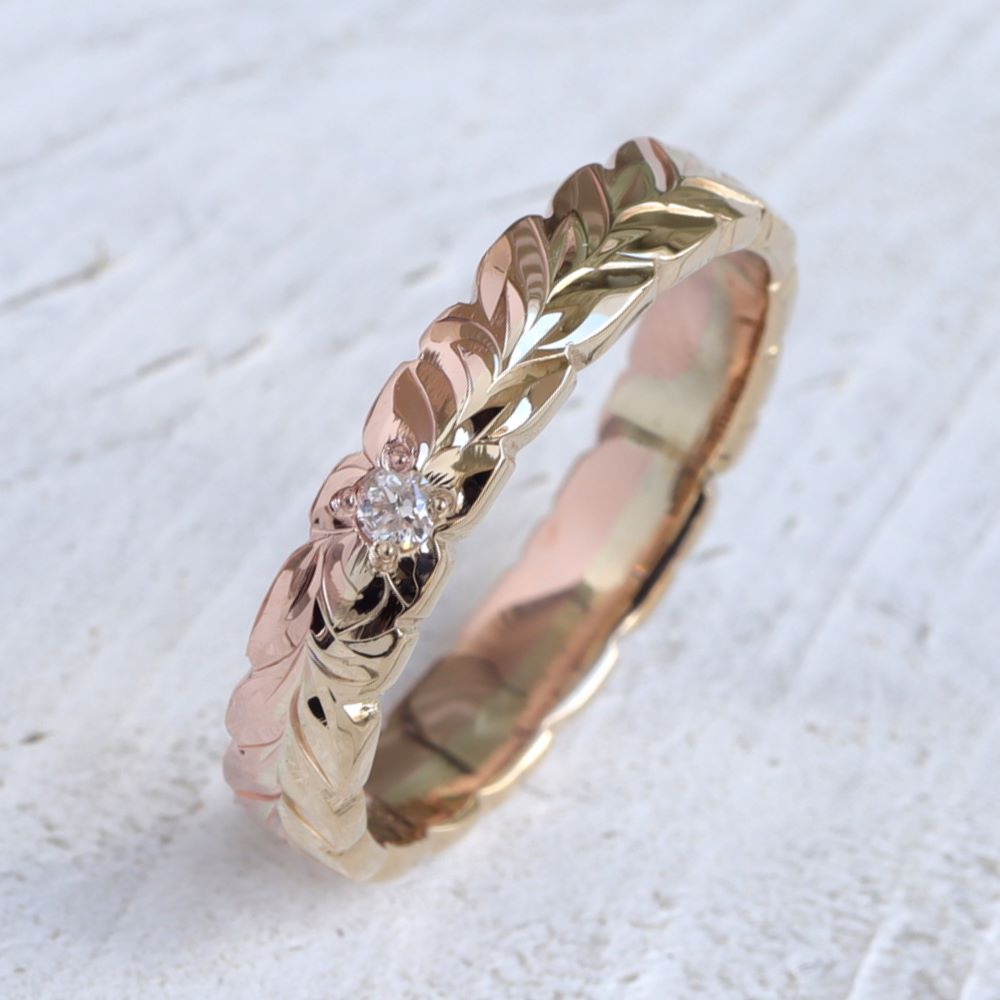 Diamond Hawaiian Wedding Rings, Engraved With Maile Design (4MM Width)