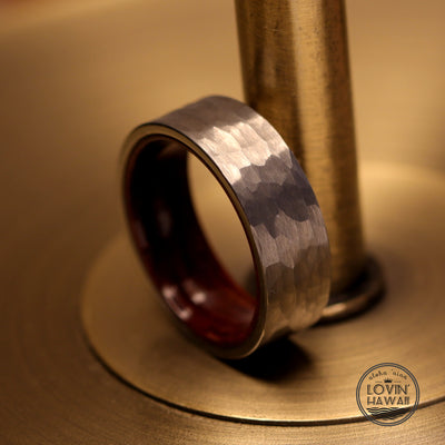 hammered brushed surface tungsten ring with Koa wood inlaid ring
