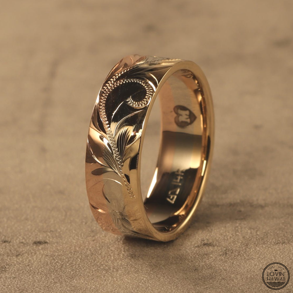 Hawaiian Ring Made of Three Tone 14K Gold, Hand Engraved Design (7.5mm width)