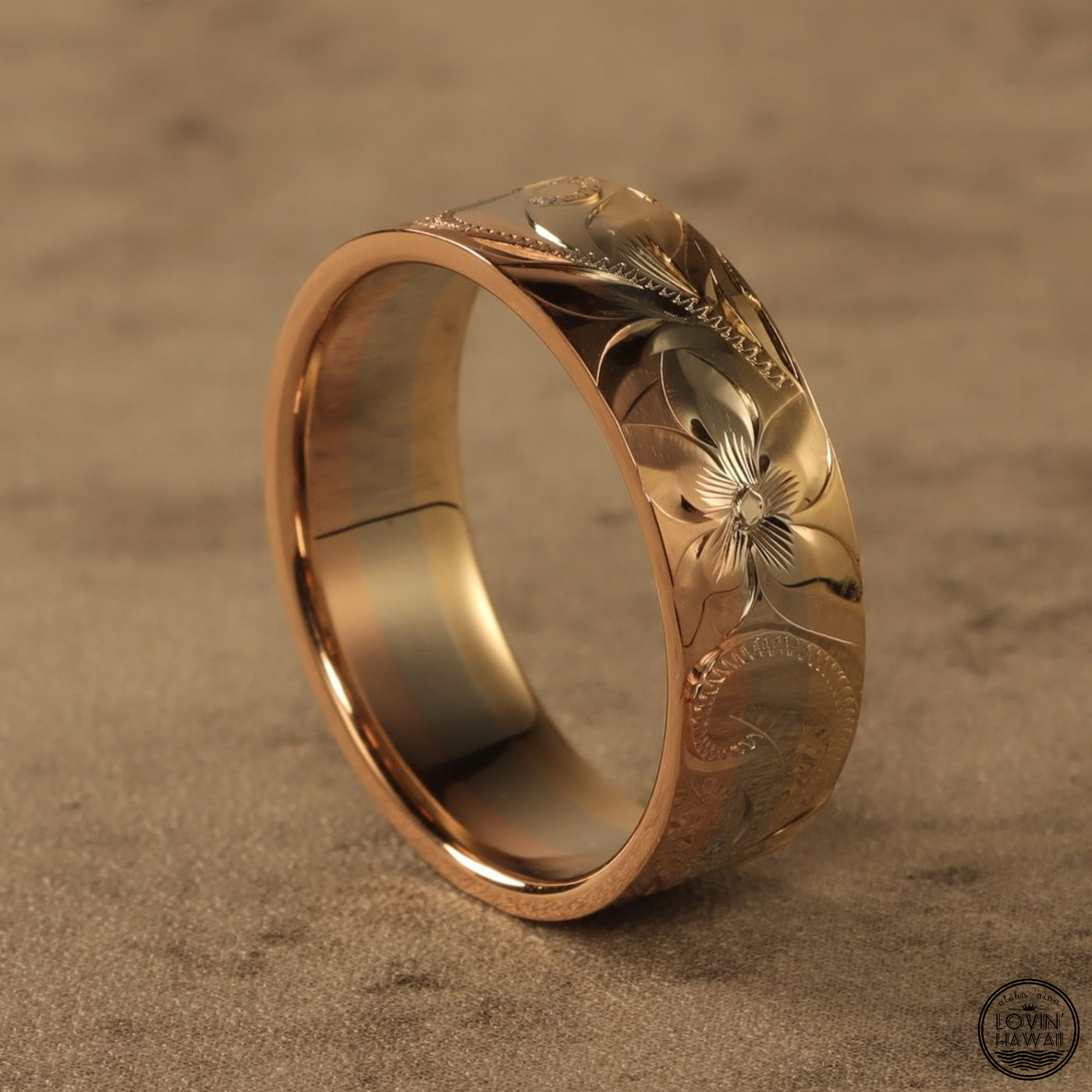 Hawaiian Ring Made of Three Tone 14K Gold, Hand Engraved Design (7.5mm or 4.5mm width)