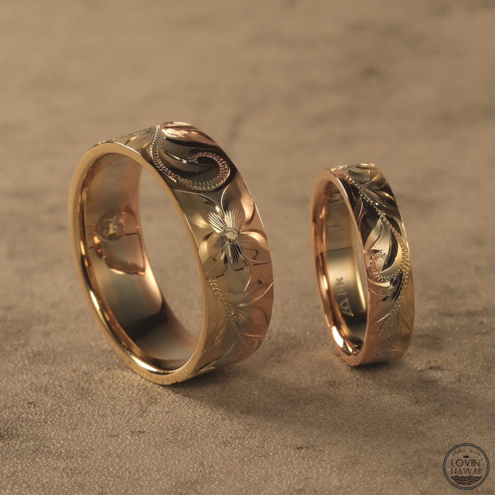 Hawaiian Ring Made of Three Tone 14K Gold, Hand Engraved Design (7.5mm width)