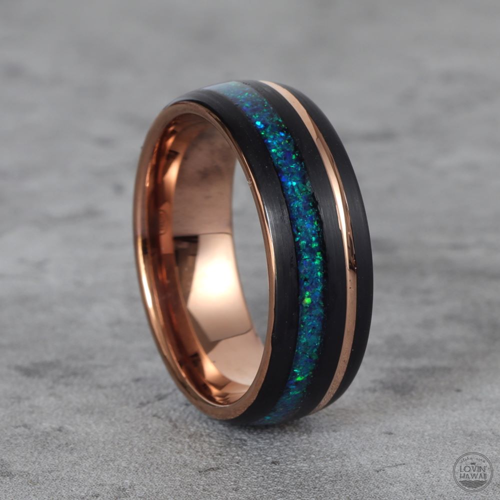 Hawaiian wedding rings with opal Inlay