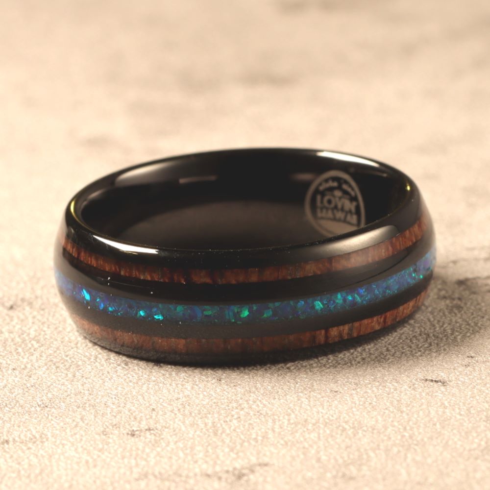 Black Tungsten Ring With Blue Opal and Koa Wood Inlay (8mm Width)