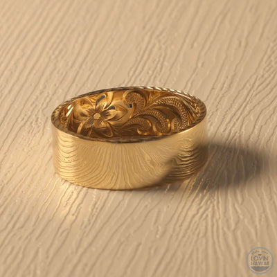 Mens Hawaiian Wedding Band in Solid 14K Gold, Hand Engraved Design (8mm Width, Flat Style)