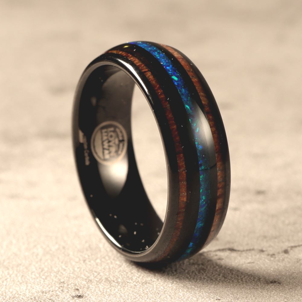 Black Tungsten Ring With Blue Opal and Koa Wood Inlay (8mm Width)