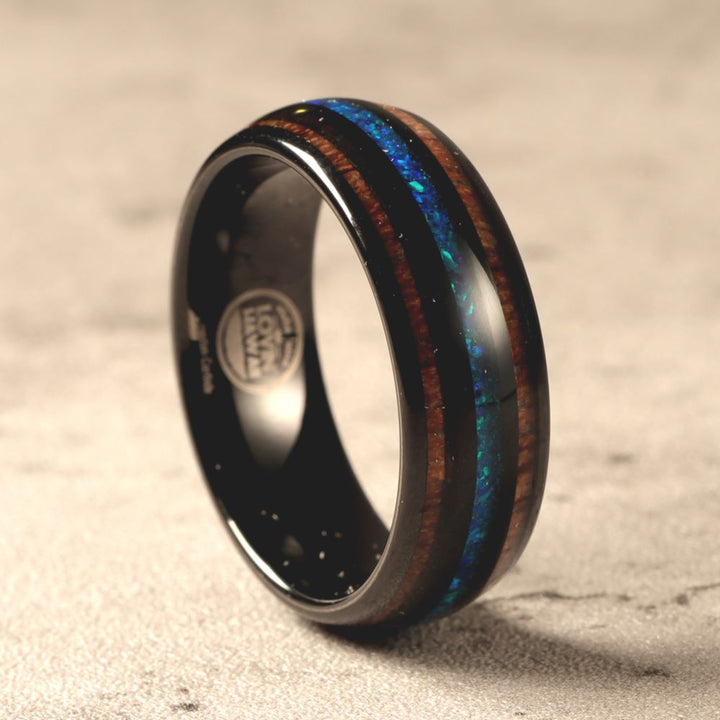 Black Opal Wedding Band Hawaiian Koa Rings - Main Image