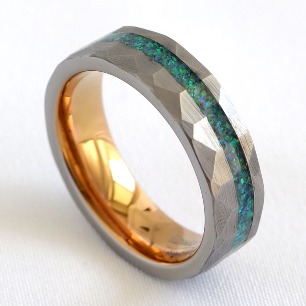 hammered tungsten rings with opal inlay