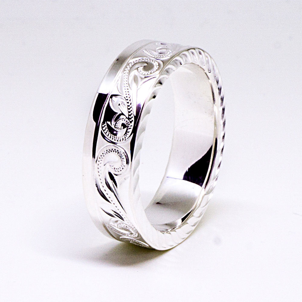 Mens Wedding Band Hawaiian Ring, Engraved with Hawaiian Scroll and Maile leaves, (8mm, Flat Style)