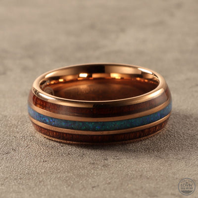 mens wedding band tungsten rose gold with opal