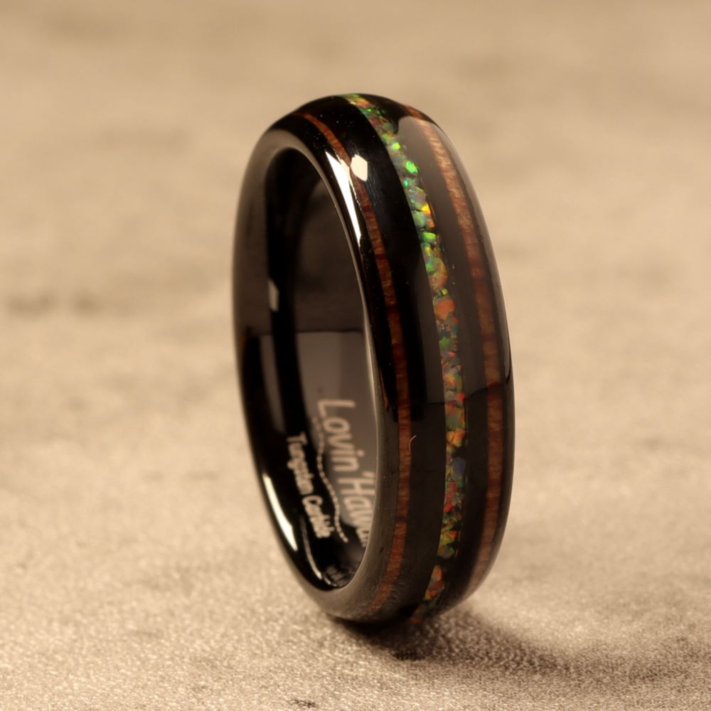 BLACK TUNGSTEN RING WITH MIX OPAL AND KOA WOOD INLAY (6MM WIDTH)