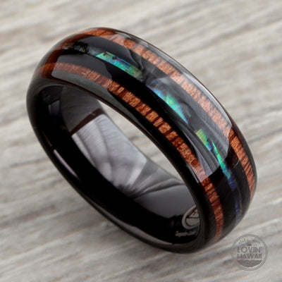 black tungsten ring with wood inlay