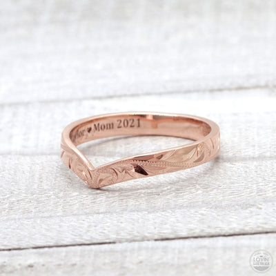 Rose Gold Wishbone Ring with Hand Engraved Hawaiian Heritage Design  (3mm Width)